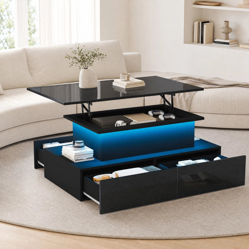 TAVOLO Basso LED 90x55x41 cm Nero lucido con 4 cassetti