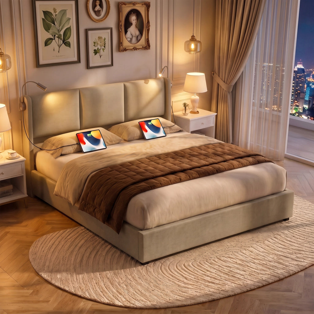 Letto matrimoniale contenitore 160x200 cm con testiera imbottita luci da lettura e rete a doghe struttura letto con ricarica USB in lino-beige