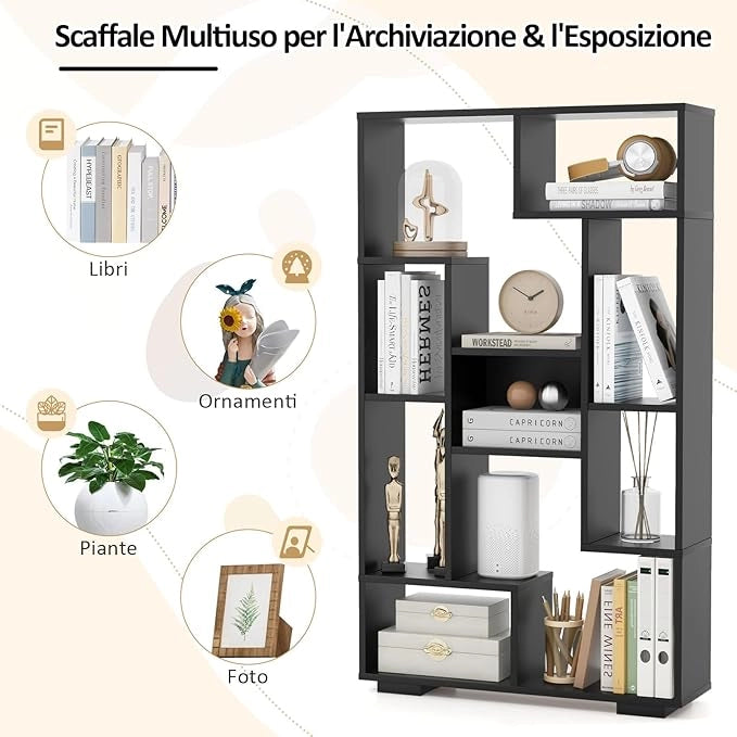 Libreria Geometrica 120 cm, Scaffale per Libri con Ripiani Aperti, Scaffale da Esposizione Moderno con Kit Anti-ribaltamento, Ideale per Casa Ufficio o Soggiorno (Nero)