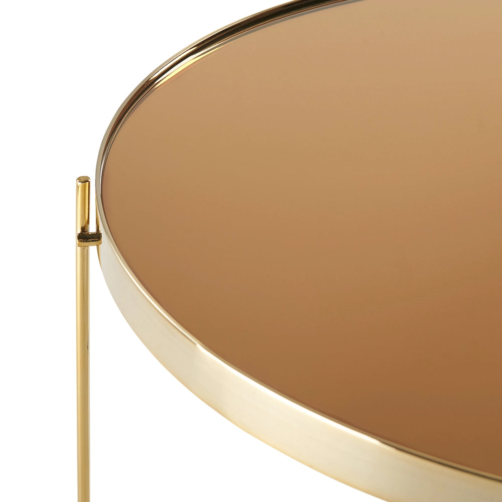 Tavolino Piano In Vetro Temperato Marrone Dorato Gambe In Metallo dorato Rotondo Glam Lucido
