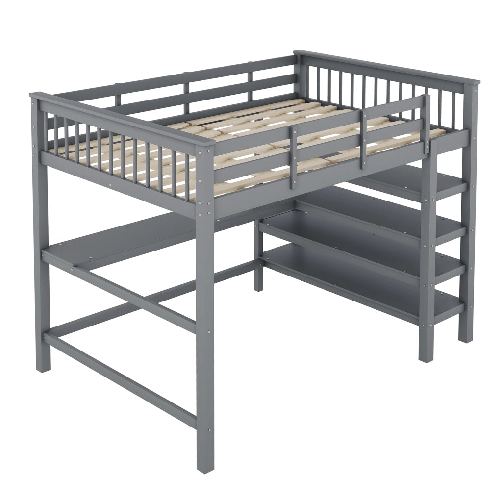 OKWISH Letto a Soppalco 140×200 cm, Letto Matrimoniale con Scrivania, Scaffali e Vani Contenitore, senza Materasso, Grigio