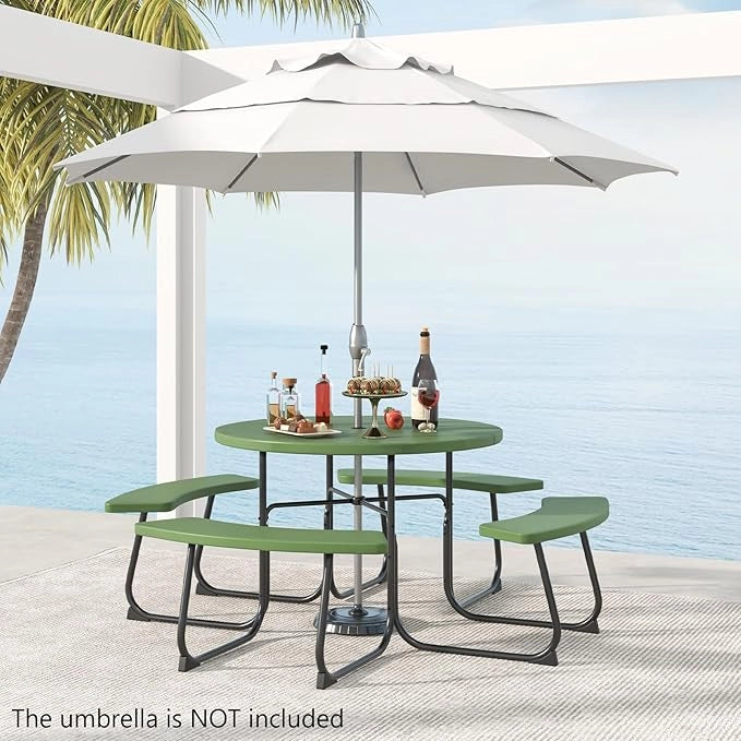 Set da giardino da picnic per 8 persone, tavolo da giardino rotondo con 4 panche, tavolo da birra con foro per ombrellone, set da giardino in HDPE, set per panca da birra (verde)