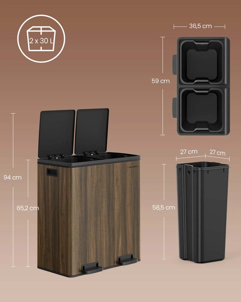 Pattumiera a 2 pedali con doppio scomparto 2 x 30 litri acciaio inox anti-impronta secchio interno in plastica con manico marrone 12_0007162