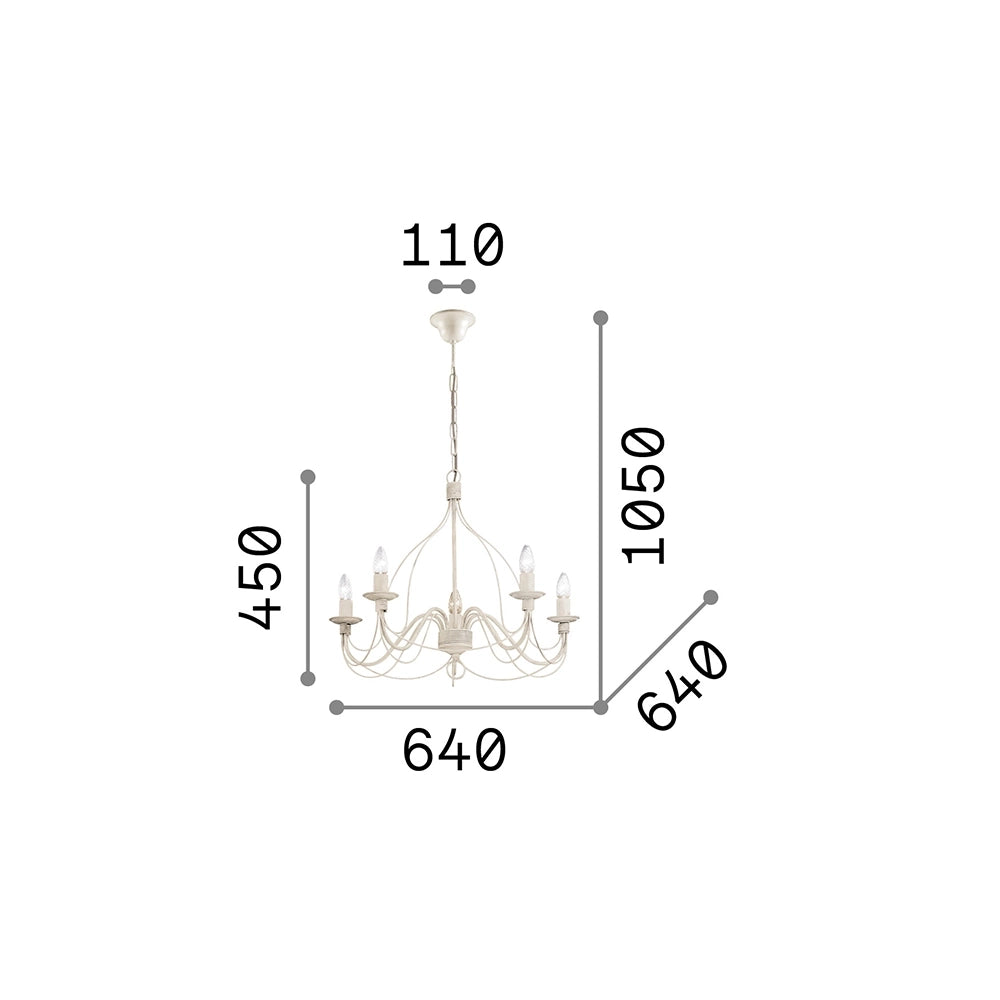 Lampadario Shabby Chic-Provenzale Corte Metallo Bianco 5 Luci E14