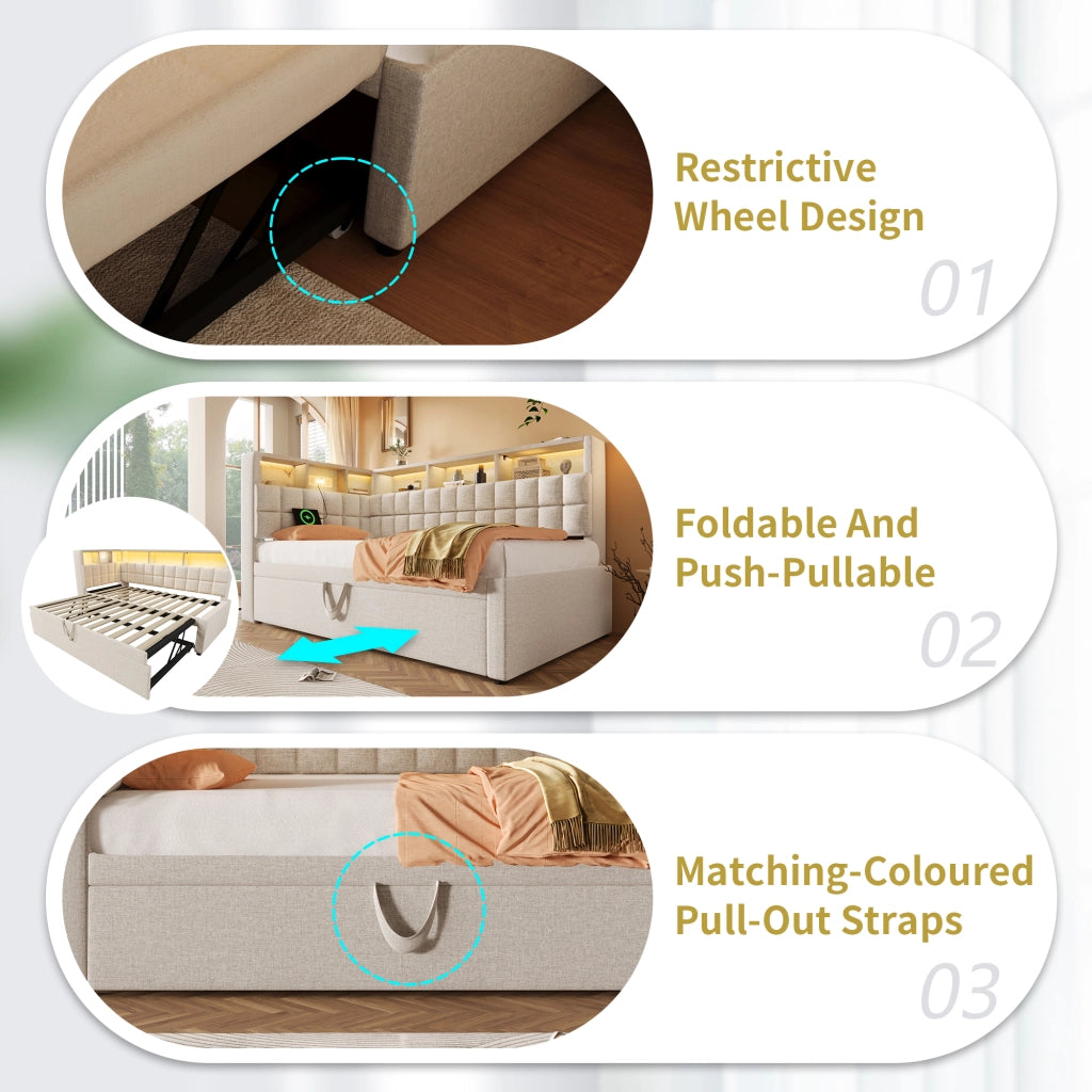 Letto Estraibile 90x200 cm; USB; Type-C; Bluetooth e LED Regolabile - Beige