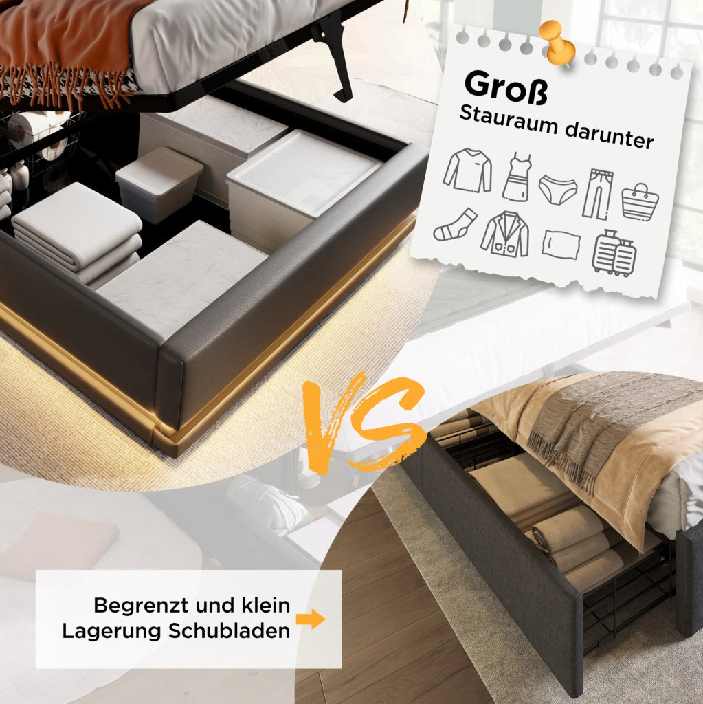 Letto singolo contenitore 90x200 cm nero PU con LED e USB-C