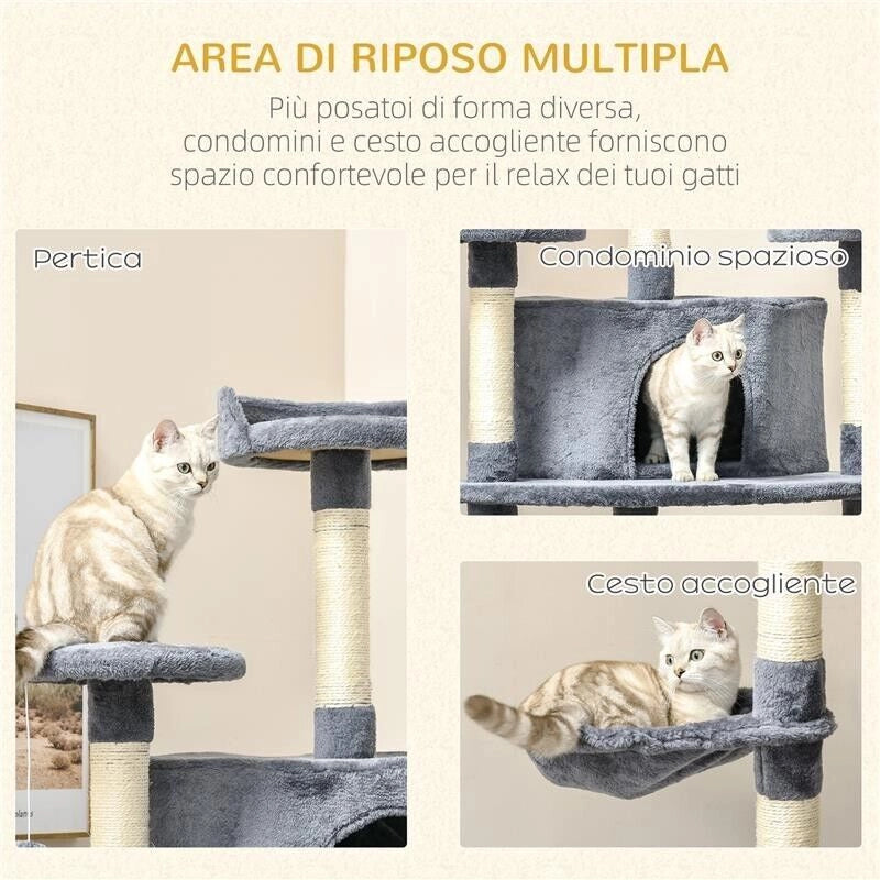 ALBERO TIRAGRAFFI PER GATTI ALTO CON CASETTE E AMACHE, 60X60X200CM, GRIGIO CHIARO