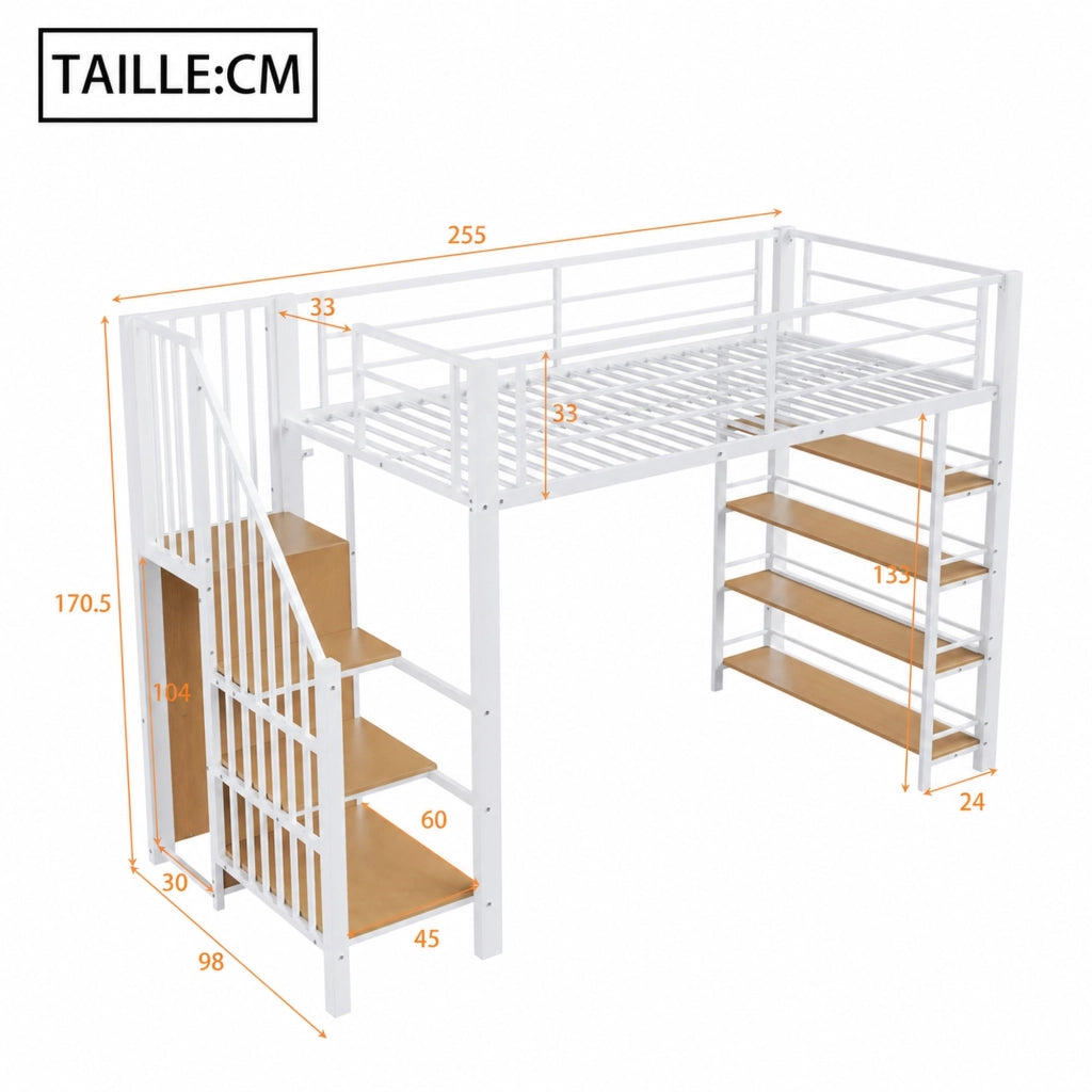 DESMIU Letto a soppalco 1 posto con scala, armadio, mensole e sponda 90 × 200 cm, senza materasso, bianco