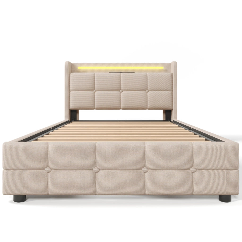 Letto singolo 90x200 cm con LED; USB; prese e 2 cassetti; beige