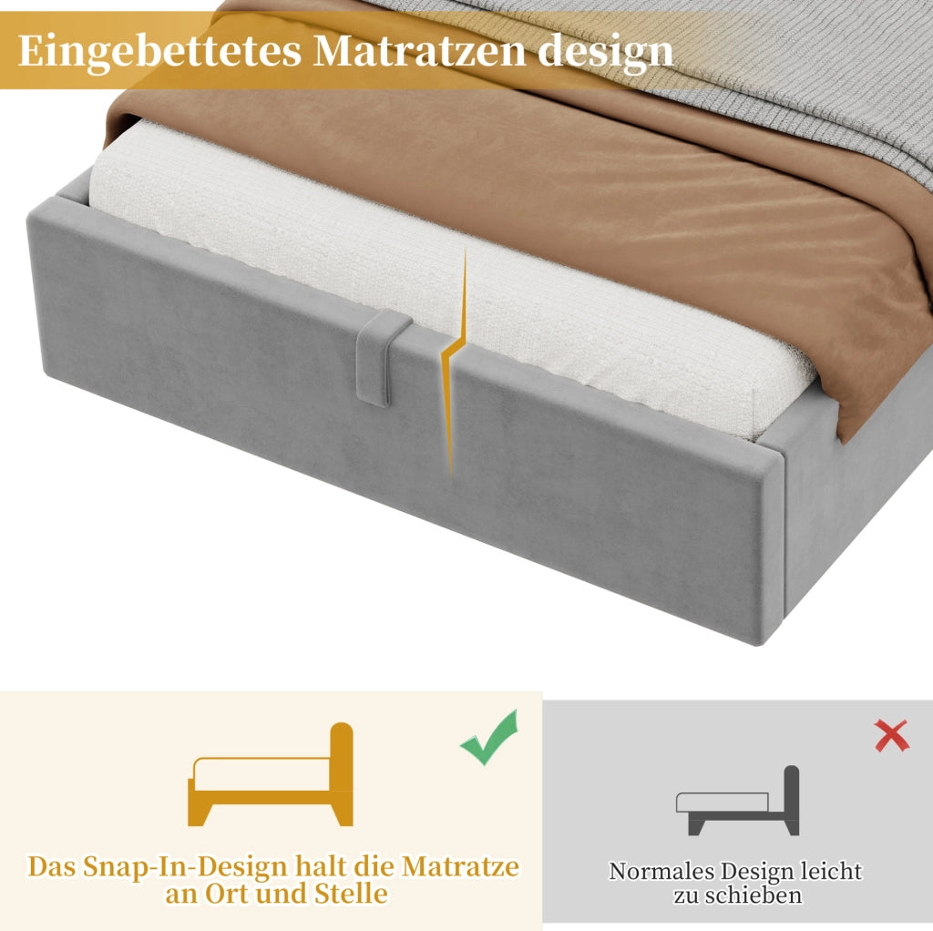 Letto per bambini imbottito 90x200 cm in velluto grigio con contenitore; USB Type-C e luce