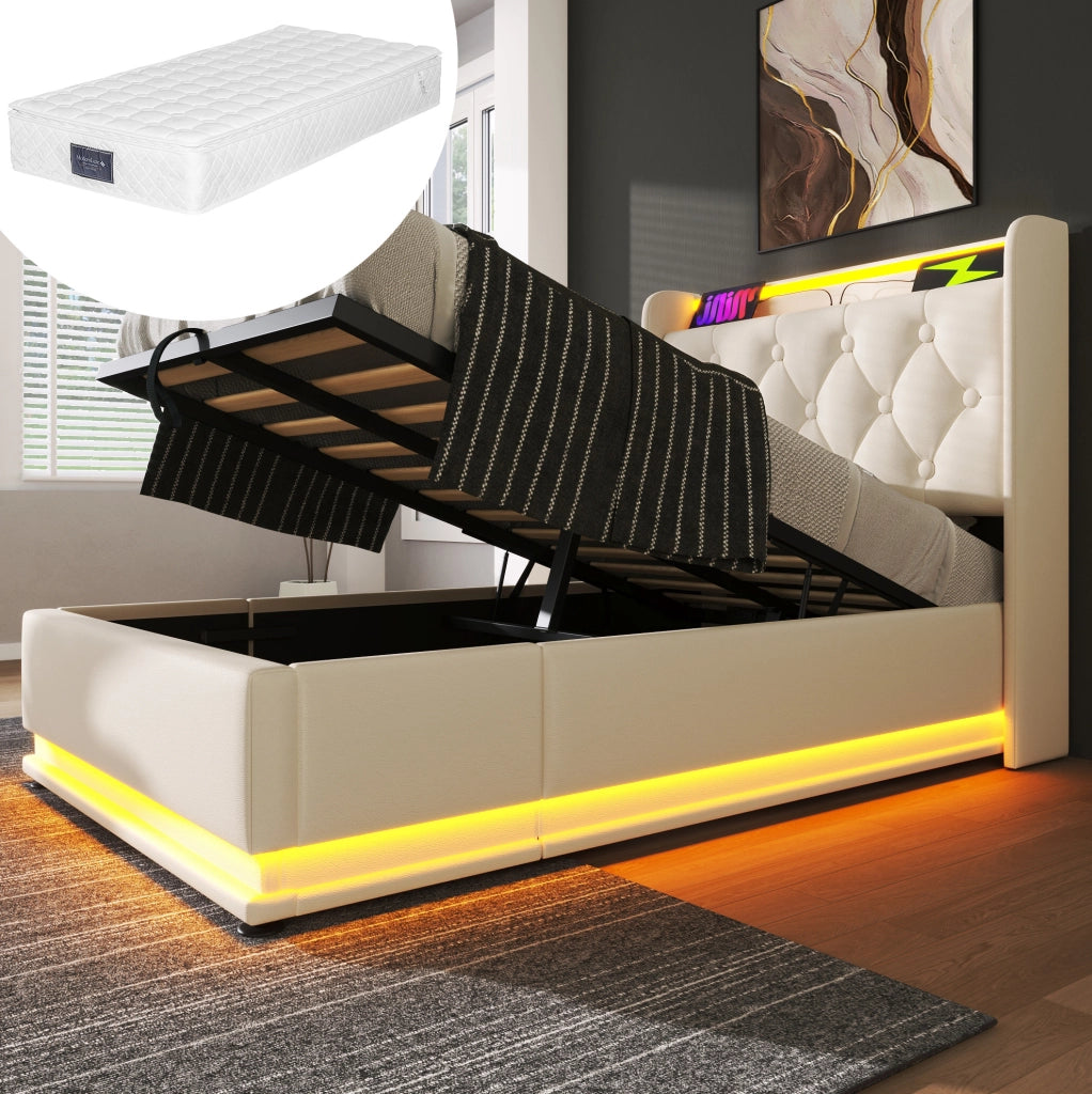 Letto singolo 90x200 cm in PU bianco con LED; USB e Type-C; contenitore idraulico