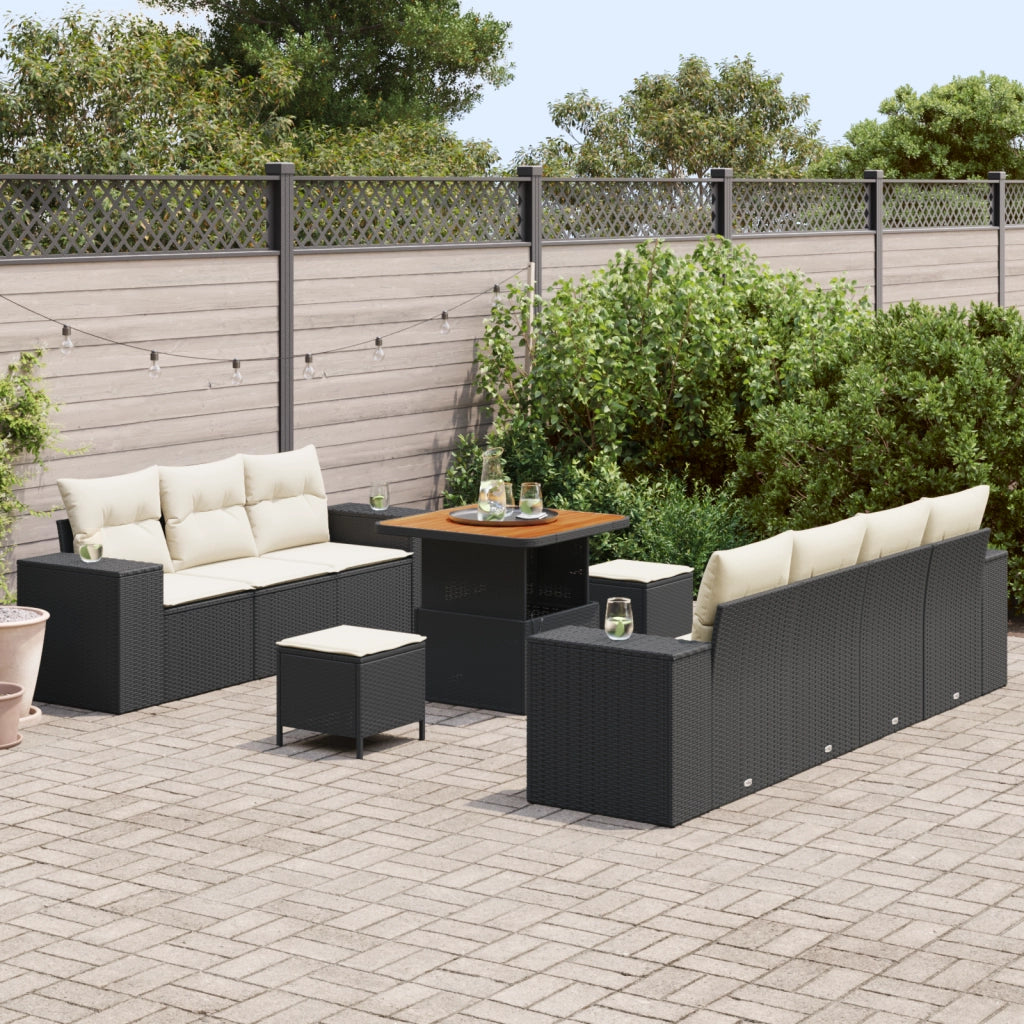 Set Divano da Giardino 10 Pezzi con Cuscini Rattan Nero Acacia