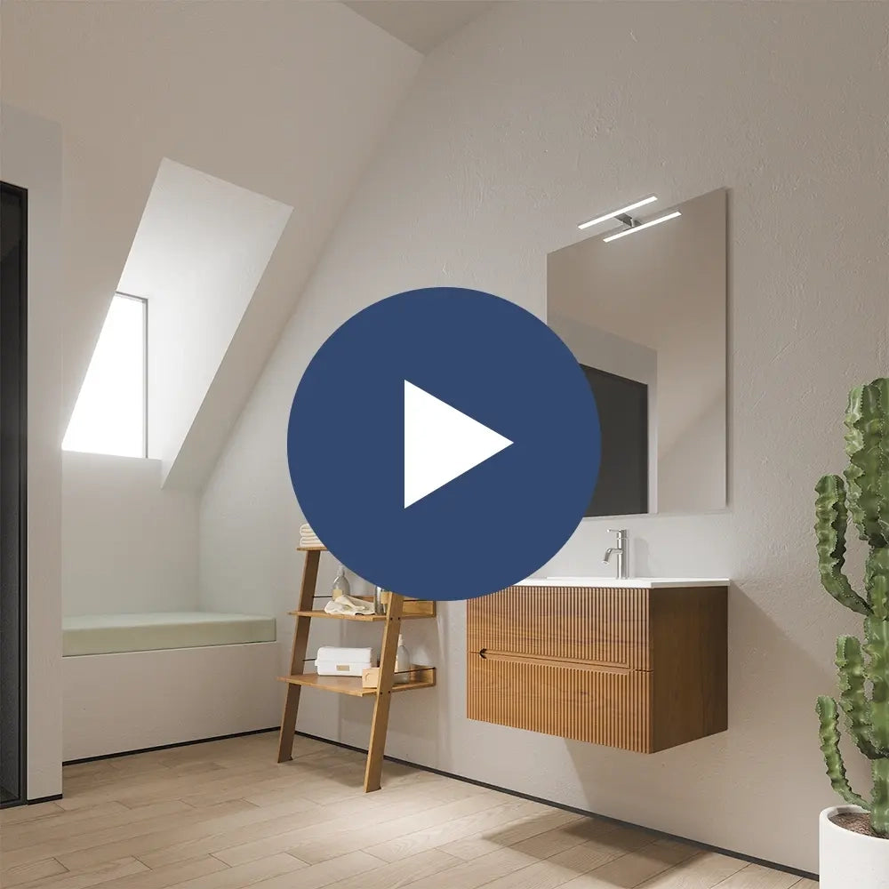 Mobile bagno sospeso 90cm cannettato bianco opaco con lavabo in ceramica e specchio | Kaindy
