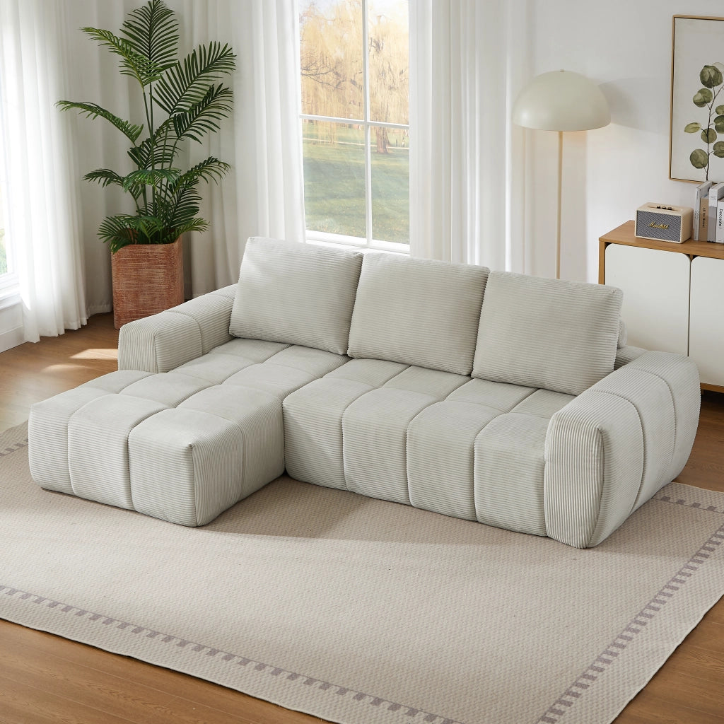 Divano angolare modulare con design capitonné e forma flessibile, senza montaggio, in velluto a coste beige