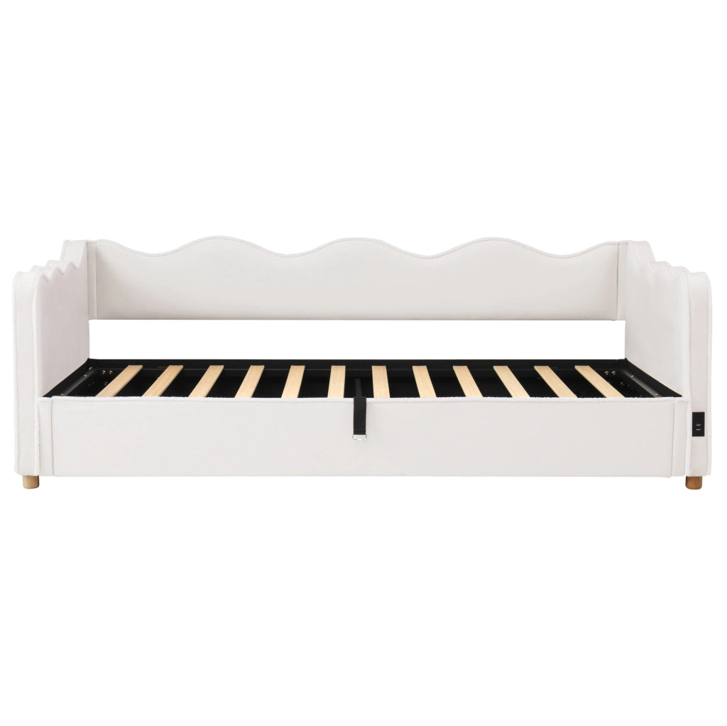 Letto 90x200 cm con contenitore idraulico, rete a doghe e porte USB/USB-C in velluto beige