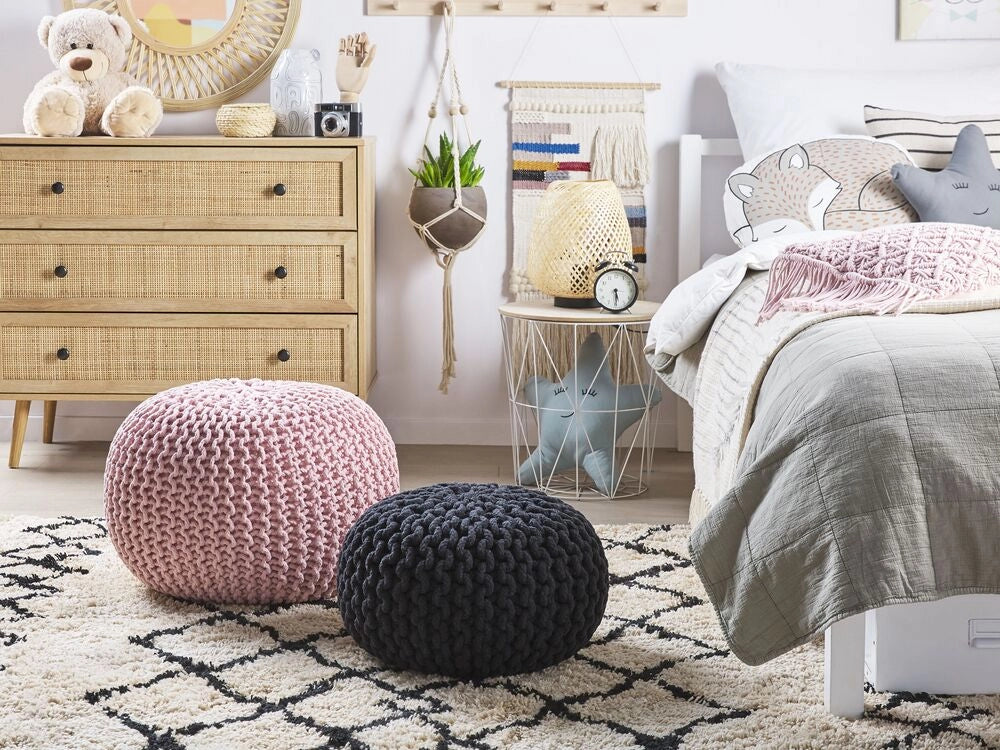 Pouf ottomana rosa in cotone lavorato a maglia perline EPS riempimento rotondo piccolo poggiapiedi 50 x 35 cm