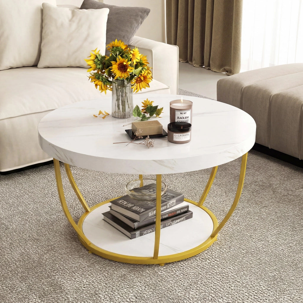 Tavolino 2 ripiani metallo resistente legno finto 80cm-Tavolino rotondo soggiorno sala d'attesa decorativo Bianco