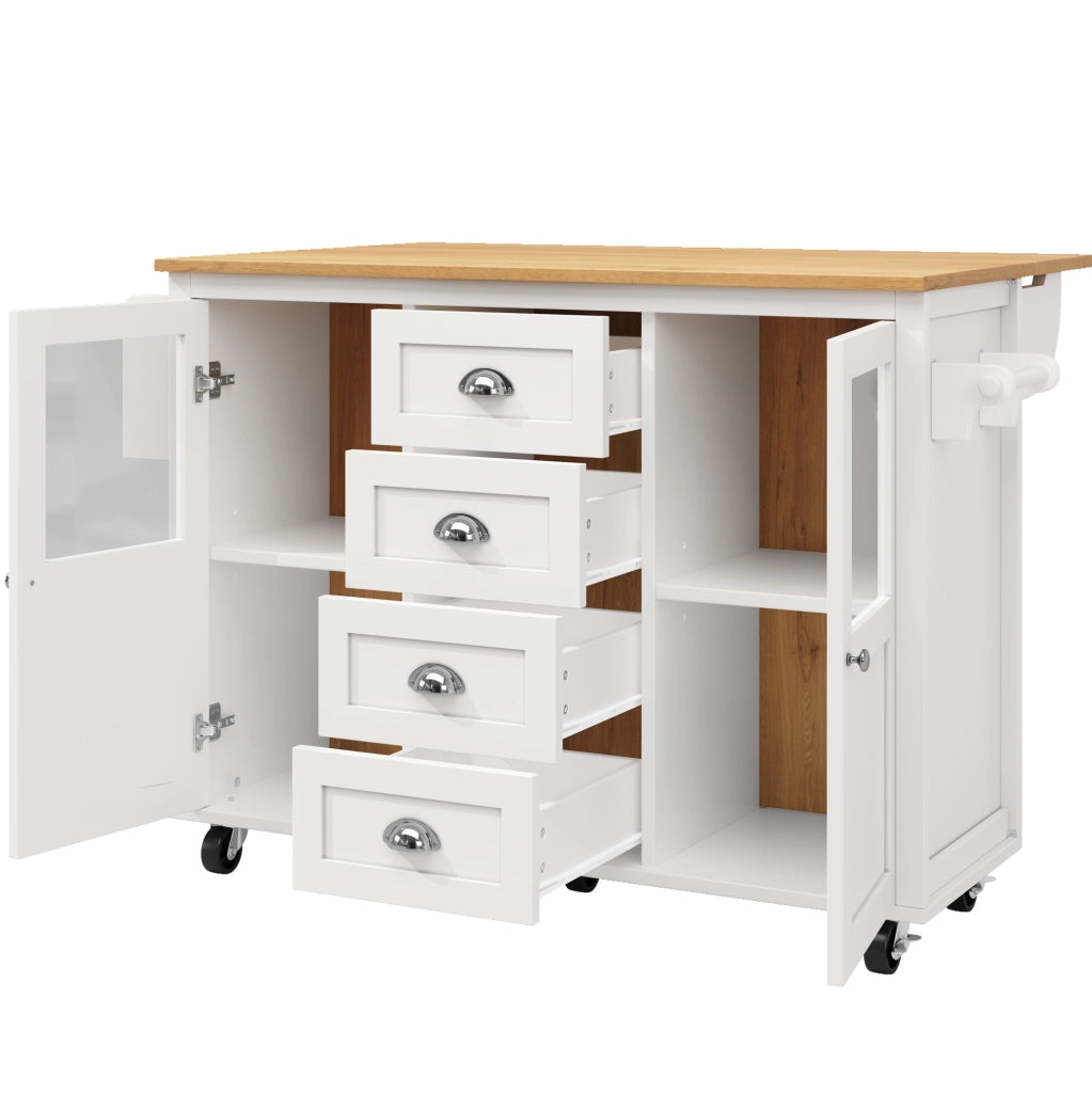 Isola da cucina 137.9x73x92.5 cm con piano pieghevole e ruote in MDF e metallo bianco