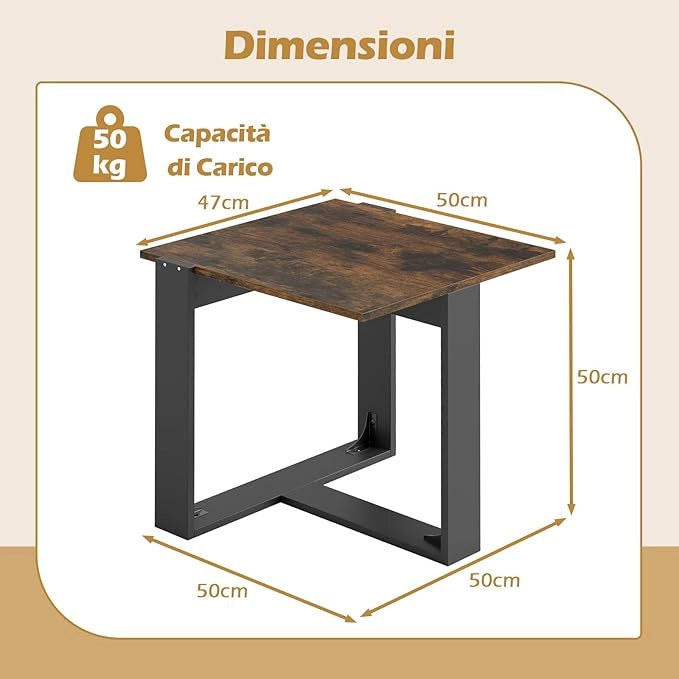 Tavolino da Salotto, Tavolino Quadrato con Base in Metallo a Forma di T, Comodino Industriale per Piccoli Spazi per Camera da Letto