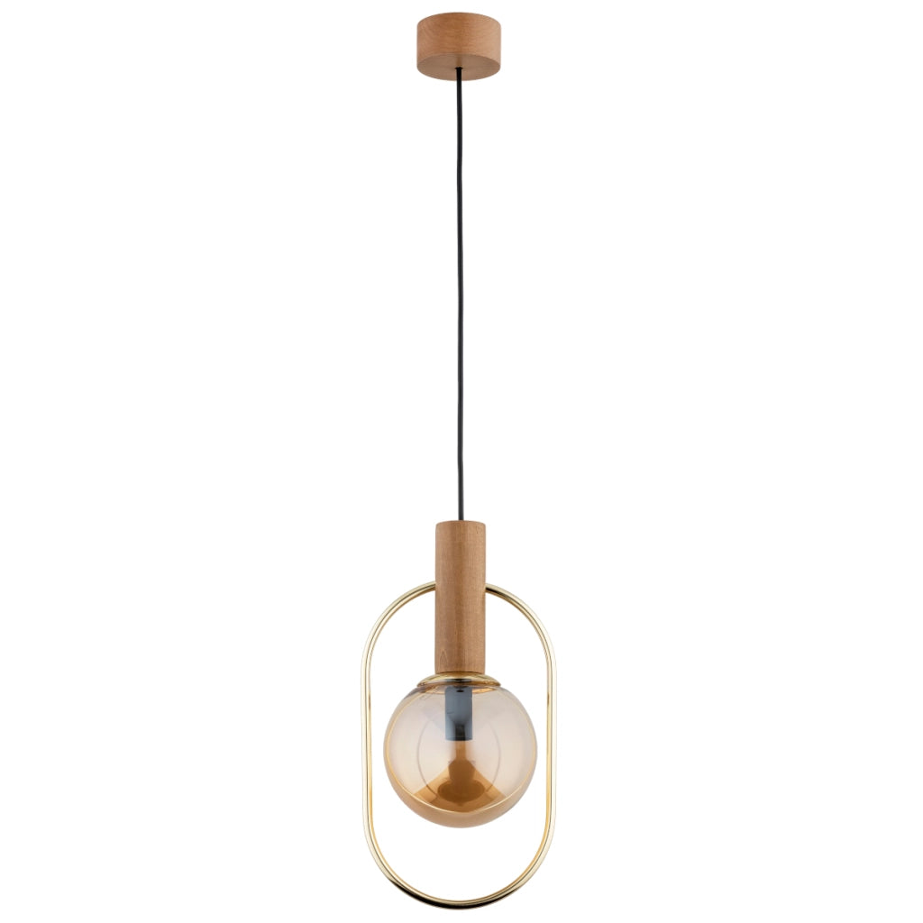 Lampada sospensione legno vetro ambra oro ovale E14 Alfa