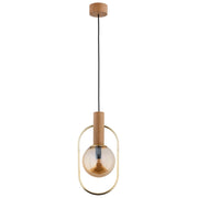 Lampada sospensione legno vetro ambra oro ovale E14 Alfa