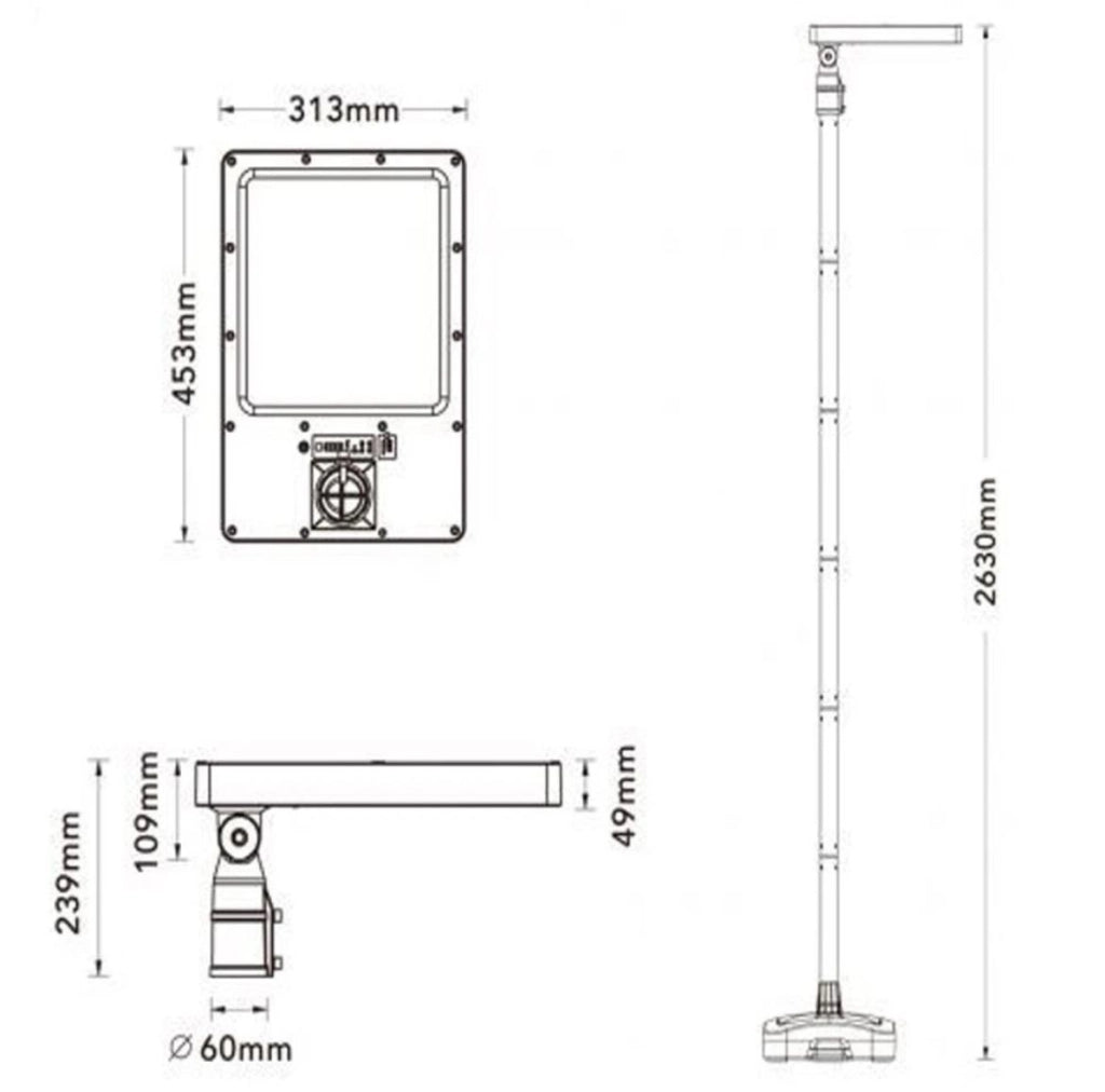 Lampione solare 290W con telecomando CCT, palo regolabile 2630 mm e autonomia 14 ore per illuminazione esterna professionale IP54