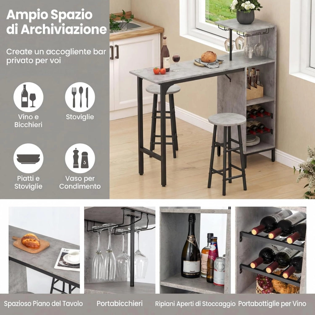 Set 3 Pezzi Tavolo e Sedie da Bar, Tavolo e Sgabelli da Pub Industriale con Porta Calici e 6 Portabottiglie da Vino, Set di Tavolo per Sala da Pranzo, Ristorante e Bar (Grigio)