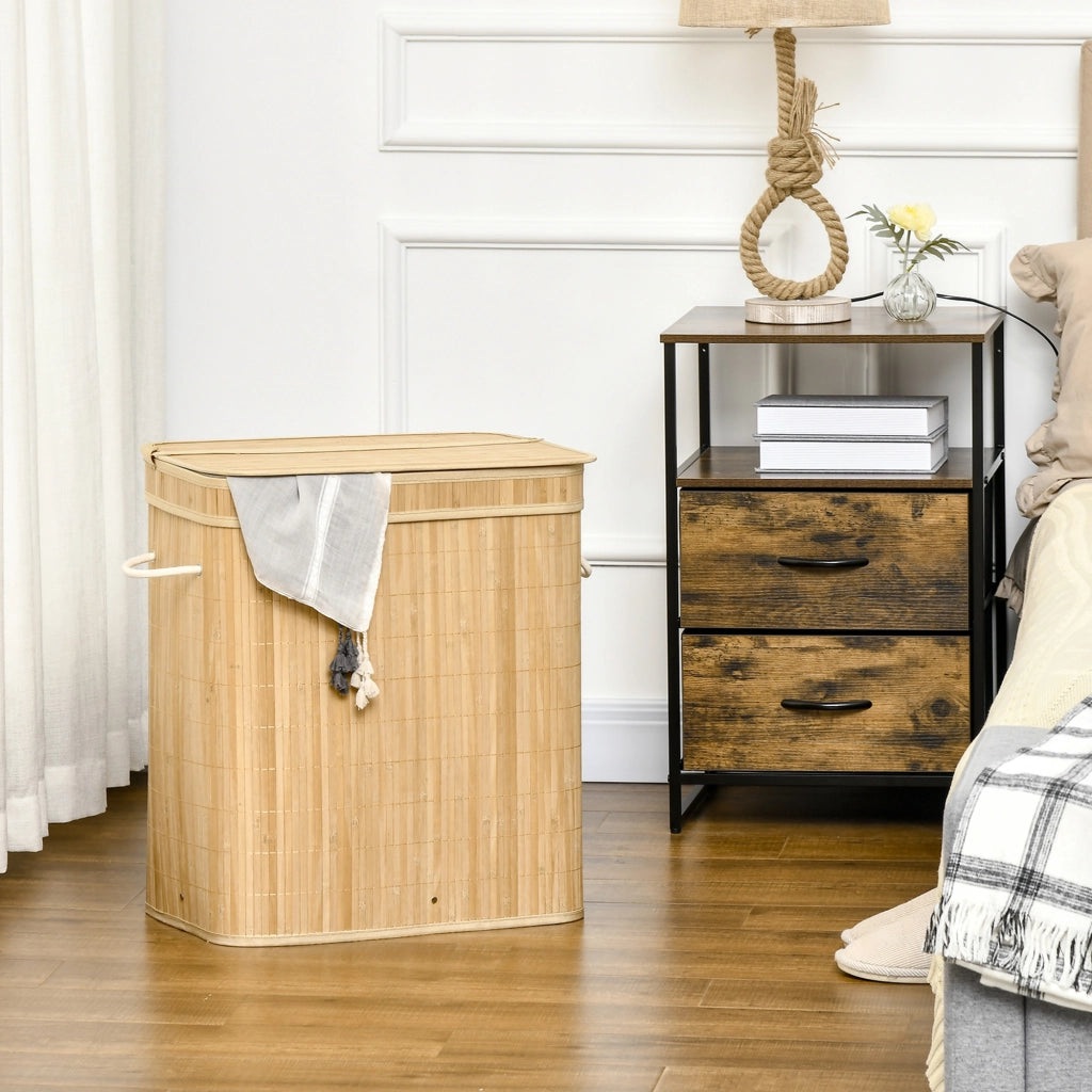 Cesto portabiancheria in bambù con coperchio, 2 scomparti e sacco interno rimovibile, 90 L, 54,2 x 35,2 x 59,5 cm