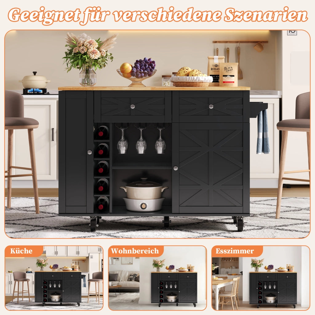 CARRELLO CUCINA con piano ribaltabile 120 x 45(70) x 89 cm in MDF nero