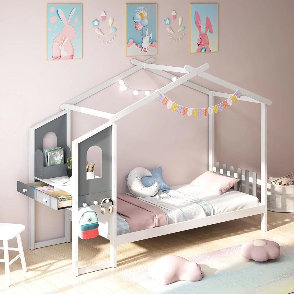 Letto Matrimoniale/Singolo con Scrivania, Letto Piattaforma in Legno con Testiera a Staccionata Ganci e Cassetti, 200x140/200x90 cm, Carico 320/150kg (200x90 cm)