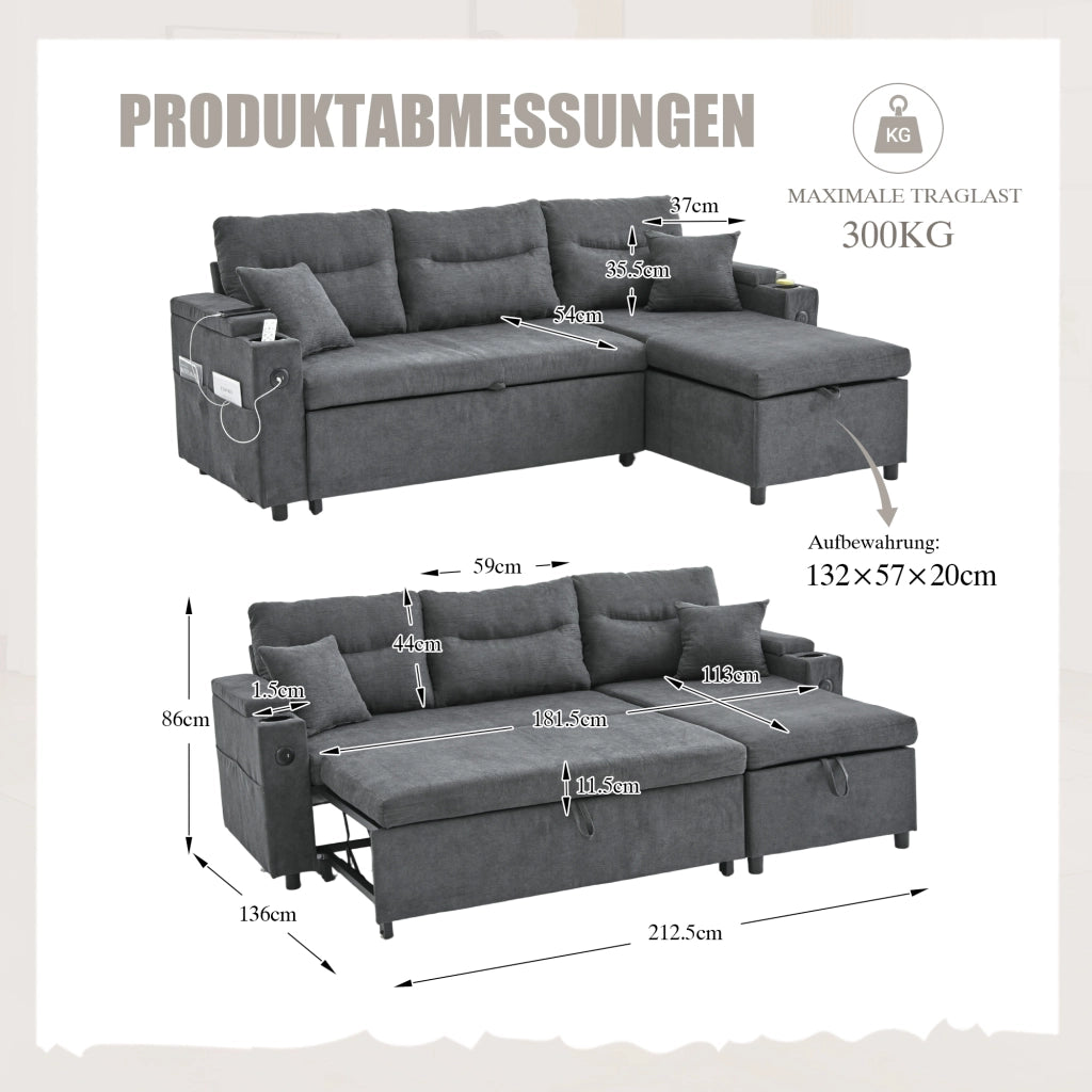 DIVANO 3 posti 212,5x136x86 cm Grigio Scuro in lino con chaise longue e letto estraibile