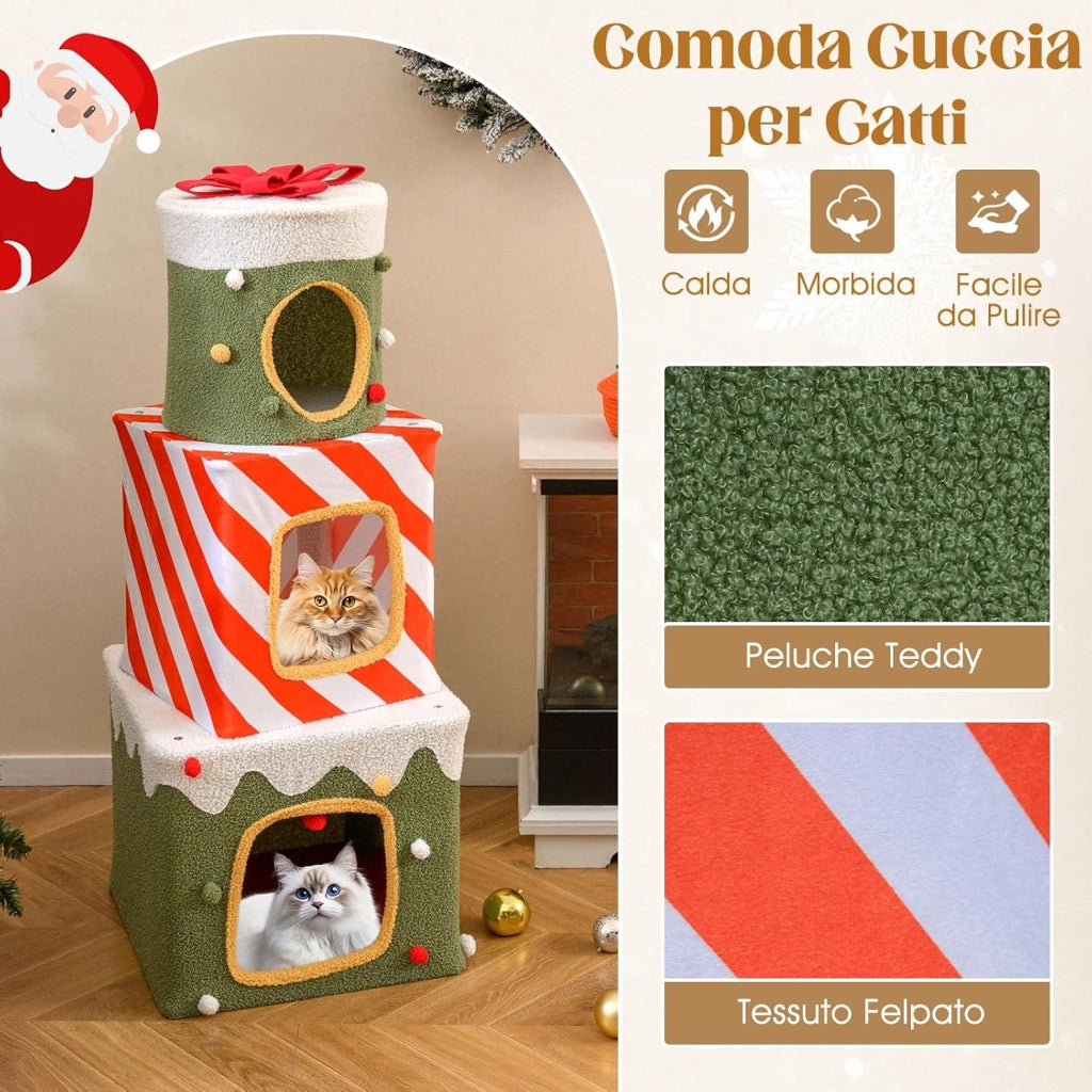 Albero di Natale per Gatti da Interno, Tiragraffi per Gatti con 3 Condo, Caverne Nascoste e Pallina Appesa, Grande Torre Impilabile a Forma di Scatola Regalo per Decorazioni Natali