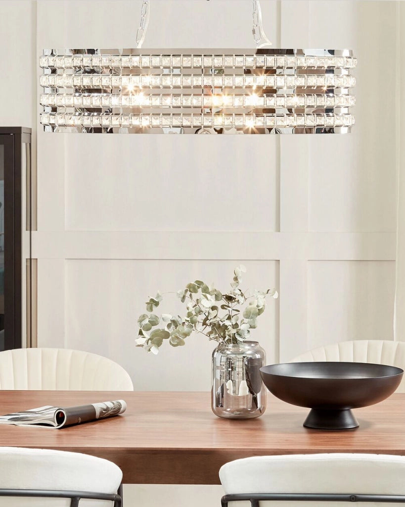 Lampadario in Metallo Argentato Paralume Ovale a 2 Luci con Cristalli in stile Glam