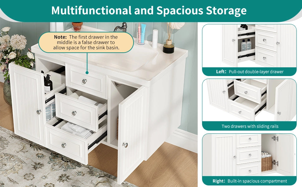 Mobile sottolavabo sospeso con lavabo in ceramica e 2 cassetti, in MDF e metallo, bianco, 78,5 × 46 × 46,8 cm