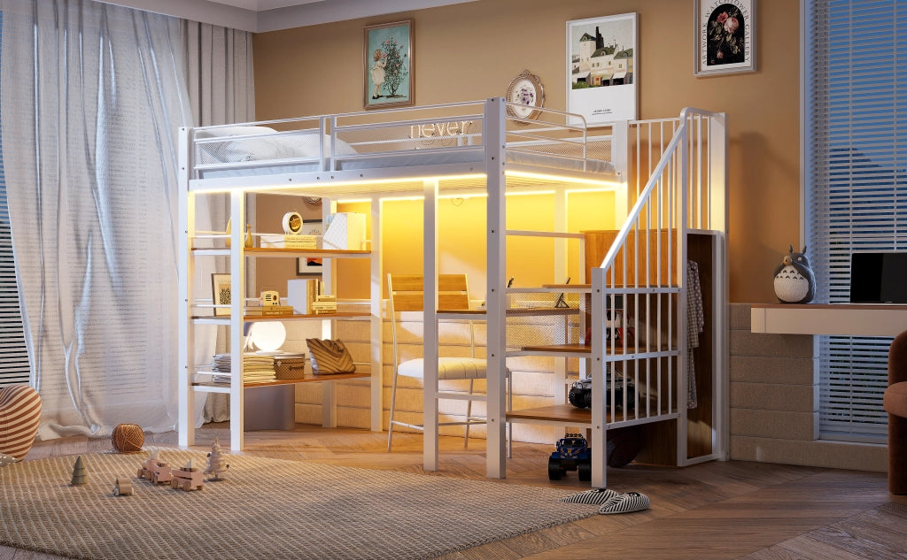DESMIU Letto a soppalco singolo con LED, presa, scrivania e scaffali, 90 × 200 cm, senza materasso, bianco