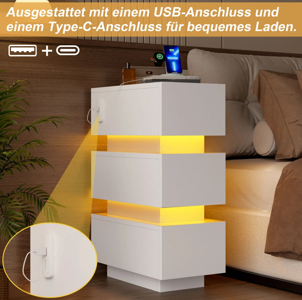Set di 2 comodini stretti con LED; USB e Type-C; 3 cassetti; 20x40x59;5 cm; bianco
