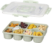 Contenitore di servizio - Grande vassoio da servire con 10 pezzi, coperchio e maniglia, inclusa 1 cucchiaio e 1 forchetta, contenitore di conservazione per snack per viaggi, picnic, campeggio e tè pomeridiano (verde)