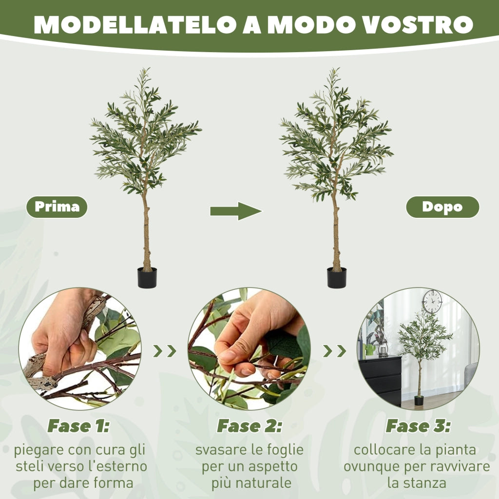 Pianta Artificiale Olivo Alta 150 cm con 720 Foglie e 32 Olive per Interni con Vaso in Plastica e Seta Verde