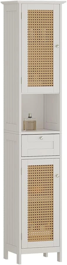 Armadio per il bagno Rosario, Bianco, 32 x 170 cm con 2 ante e cassetto, per la conservazione di articoli da bagno e asciugamani