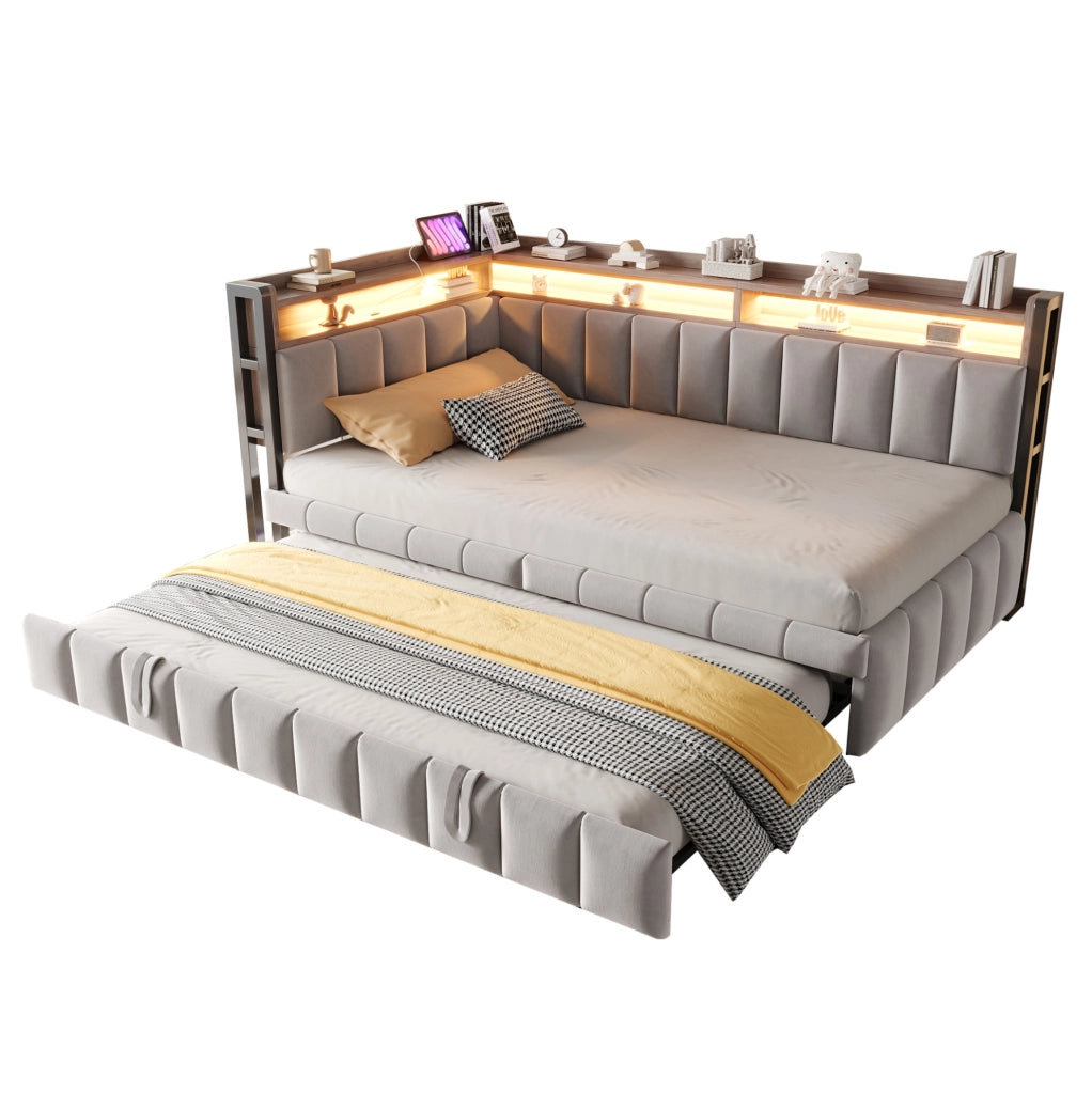 Divano letto multifunzione 90x200 cm in velluto grigio con letto estraibile; LED e USB