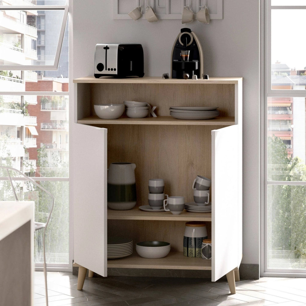 Credenza Altai, Buffet dispensa da soggiorno, Madia da salotto moderna a 2 ante, 80x40h102 cm, Bianco e Rovere