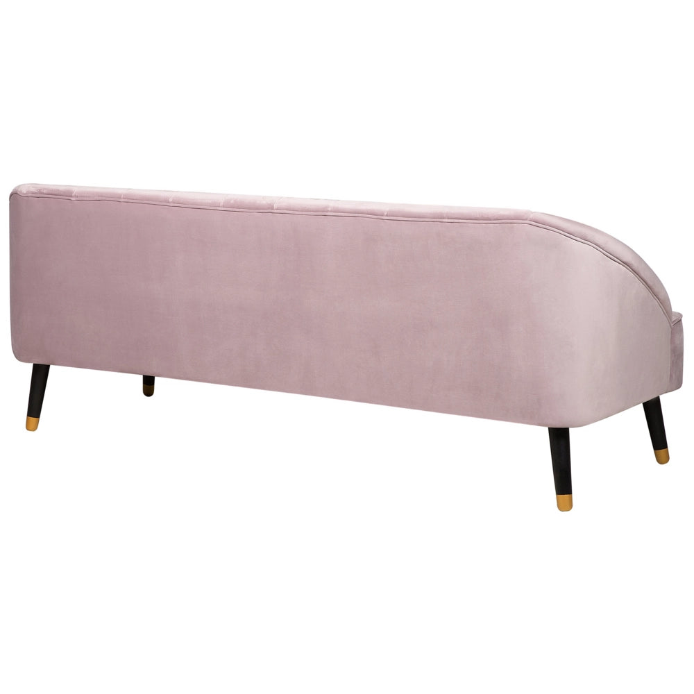 Divano in velluto rosa a 3 posti con braccioli incassati sullo schienale gambe in legno