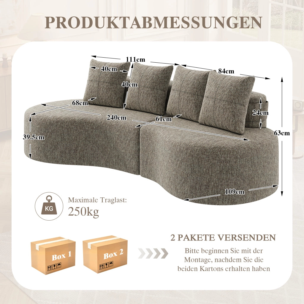 DIVANO in lino 240x109x60 cm khaki con 4 cuscini