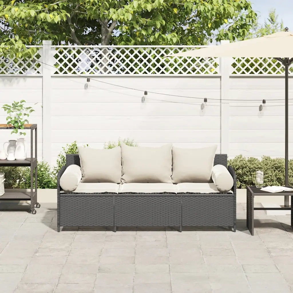 Divano da Giardino a 3 Posti con Cuscini Nero in Polyrattan