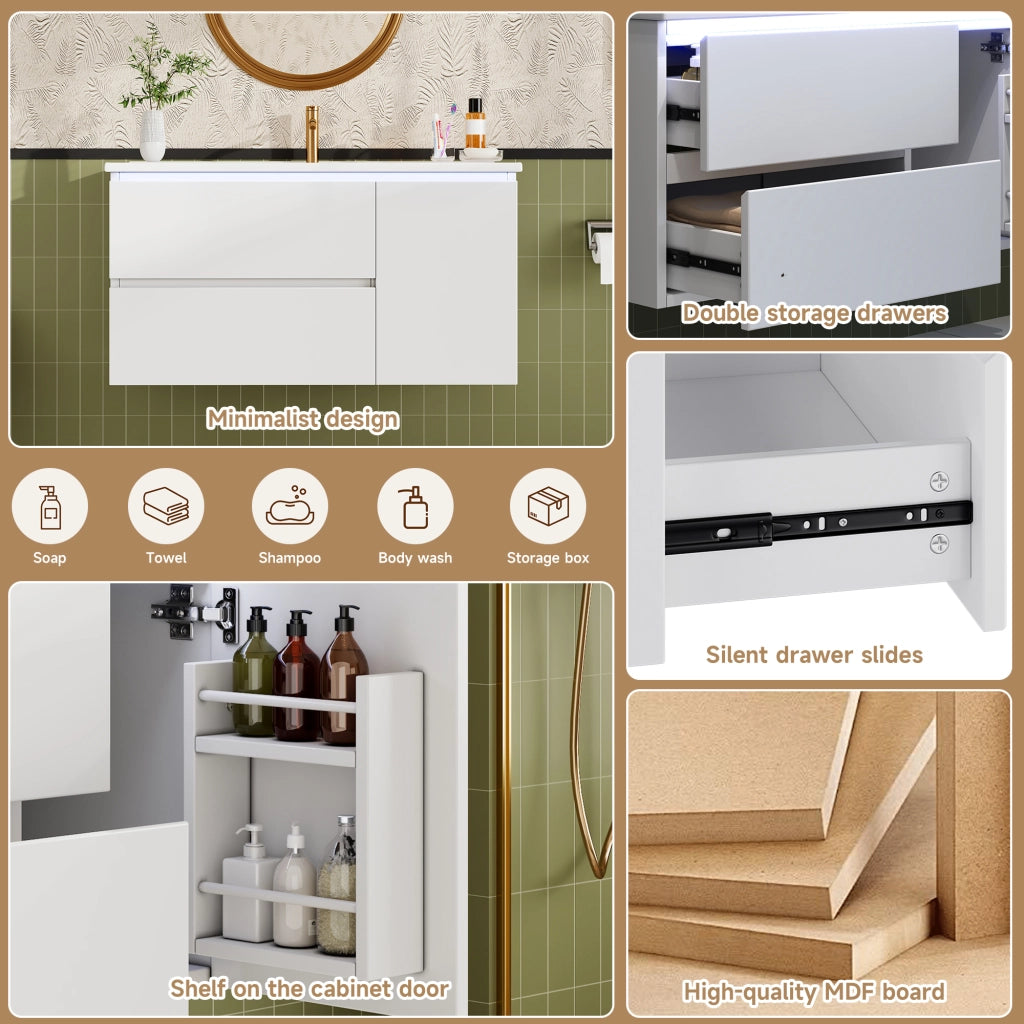 Mobile sottolavabo con lavabo in ceramica, LED con sensore radar, 2 cassetti e 1 vano, bianco 91 × 46,5 × 50,5 cm