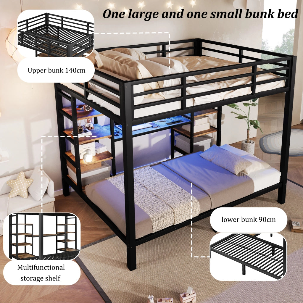Letto a castello 140 × 200 cm sopra e 90 × 200 cm sotto con ripiani, USB, Type-C, LED, senza materasso, nero