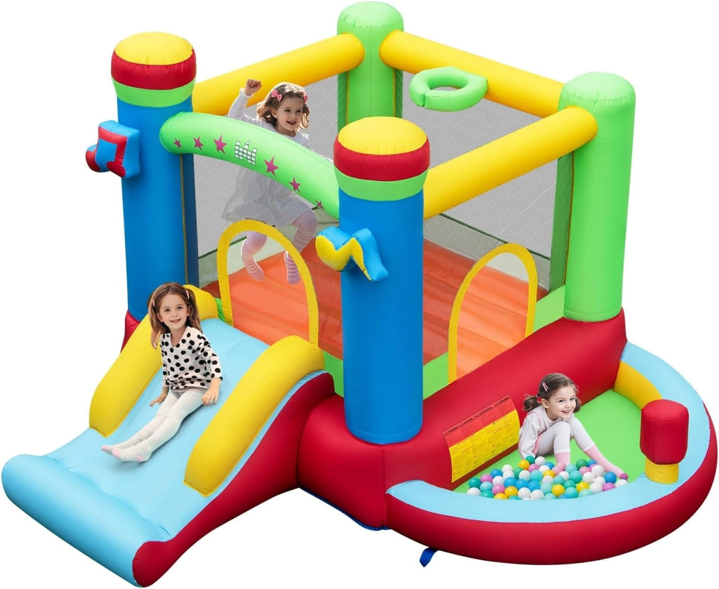 Castello Gonfiabile 5 in 1 per Bambini di Tema Musicale, Castello Gonfiabile con Scivolo, Trampolino, Piscina e Canestro, Gioco Gonfiabile da Interno ed Esterno, per Bambini da 3 a 12 Anni