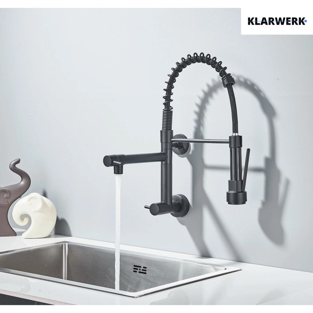 Björn | gastronomia rubinetto monoforo a parete per acqua fredda nero|rubinetto cucina professionale acciaio inox due docce|doppio lavello ristorante