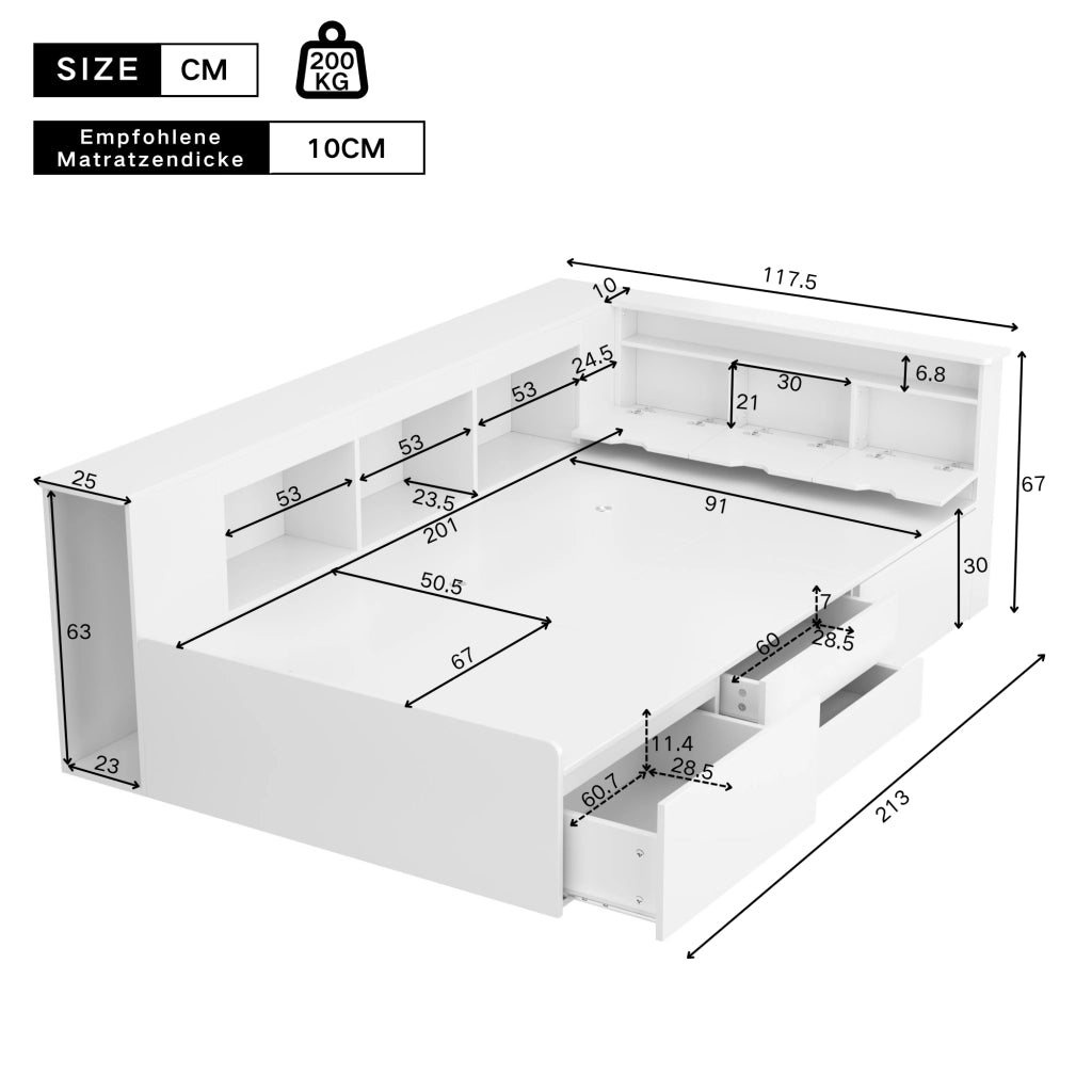 Letto per Bambini 90x200 cm - 4 Cassetti; Libreria; Contenitori in MDF - Bianco