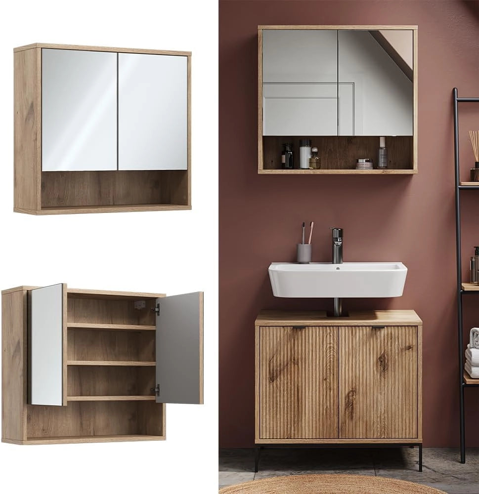 Specchio da bagno Eliza, Quercia vichinga, 70 x 65 cm con 2 porte, adatto per montaggio a parete e combinabile con la serie Eliza